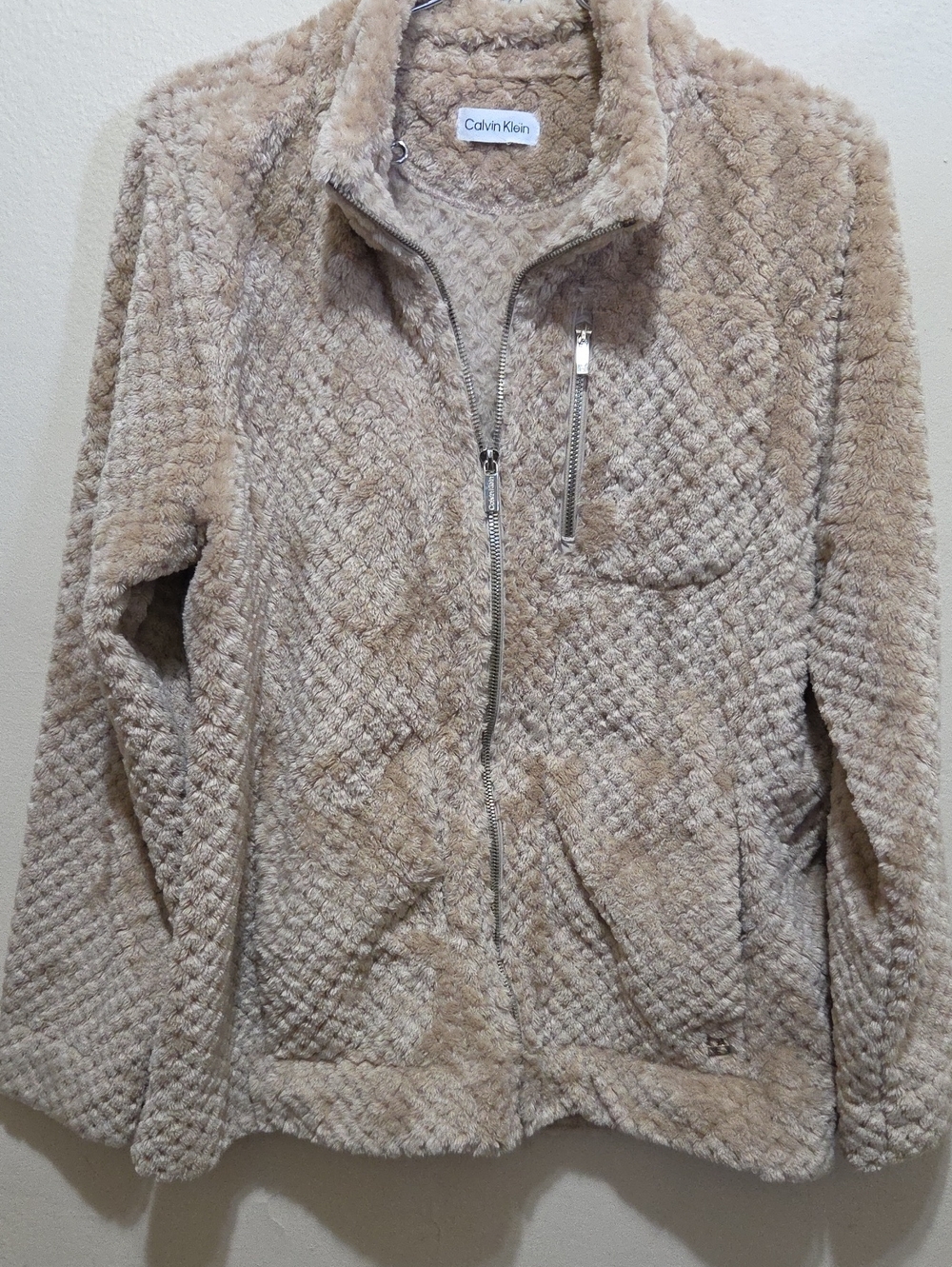 Calvin Klein Women's Taupe Plush Zip-Up Teddy Jacket